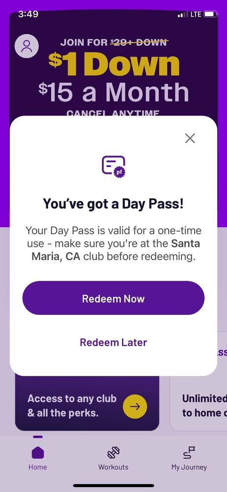 Planet Fitness Day Pass redeem now  notification