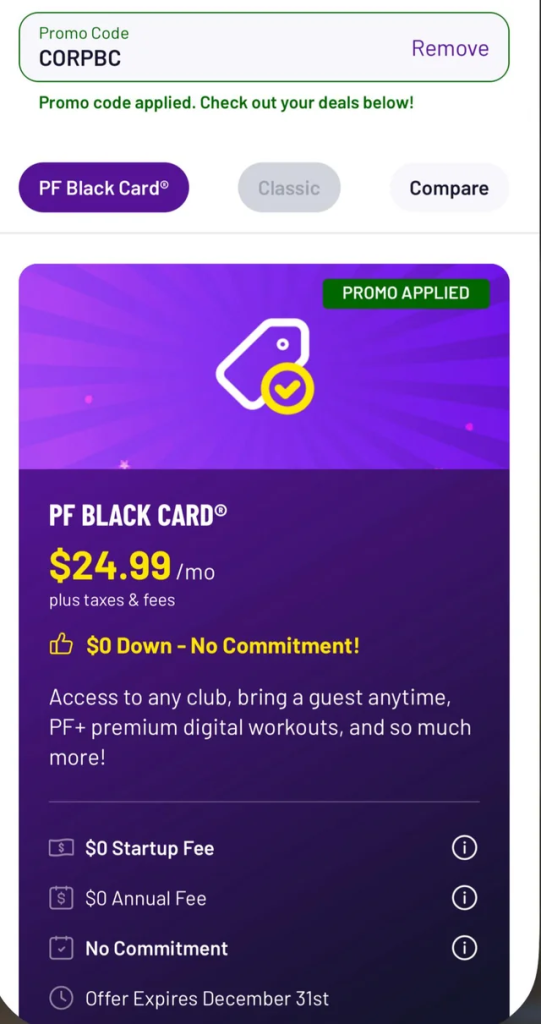 Promo code applied on Black Card Membership to waive off annual fee, startup fee and no commitment.